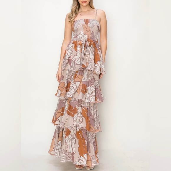 Sleeveless Smocked Tiered Leaf Print Multicolor Maxi Dress - Picture 2 of 5